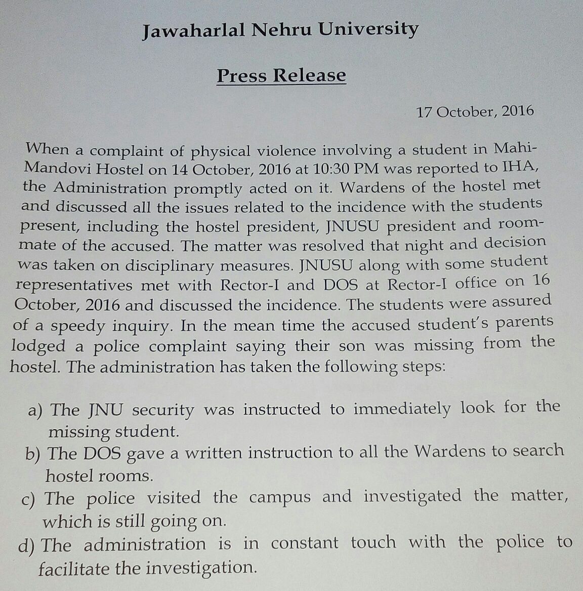 JNU Press Release