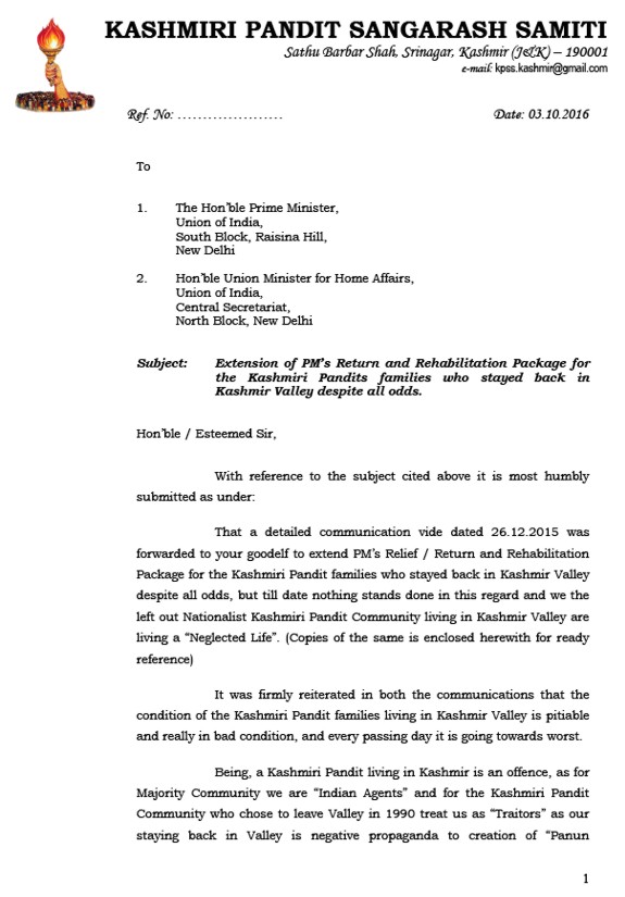 Kashmir Pandits Letter to PM